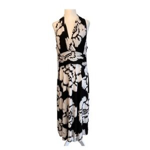Evan Picone Floral Halter Dress Black White‎ Fit & Flare Midi Cocktail 16